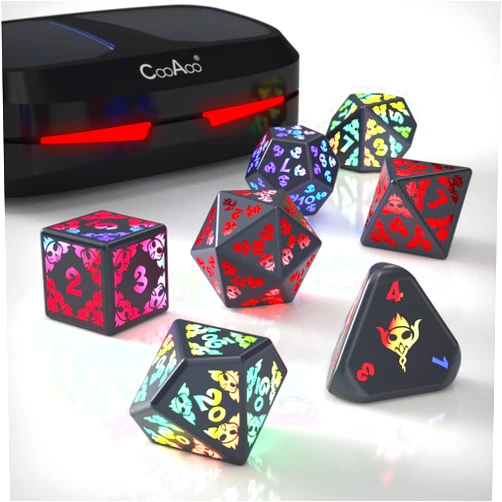 CooAoo Light Up DND Dice Set, Wireless Rechargeable Glowing Dice with Charging Box, 7 PCS Electronic Dice Set, LED RGB Polyhedral Role Playing D&D Dice for Dungeons and Dragons PRG MTG Games