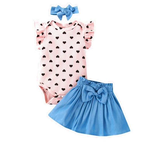 Atobk Baby Girl Clothes Cute Infant Summer Outfits Set Ruffle Sleeve Love Heart Romper and Skirt with Headband