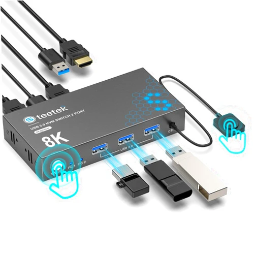 Hearvo USB 3.0 HDMI KVM Switch 1 Monitor 2 Computers, 8K@60Hz KVM Switches for 2 Computers Sharing Monitor Keyboard Mouse Hard Drives Printer,with EDID Adaptive,2*USB Cable and Controller.
