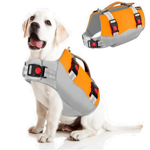 SlowTon Dog Life Jacket, Adjustable Ripstop Dog Life Vest with One Piece Belly Support Superior Buoyancy, Skin-Friendly Neoprene Pet Safety Flotation Vest for Swimming Boating Pool Beach(Orange,M)