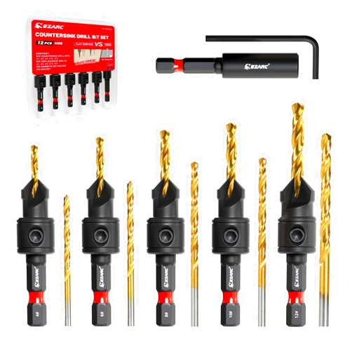 EZARC Countersink Drill Bit Set, 12 PCS Counter Sink Drill Bit Adjustable, #4, #6, #8, #10, #12, Magnetic Extension bit Holder for Woodworking with Storage Box