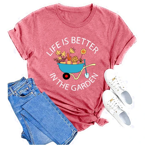 MAIHUN Garden Shirts for Women Plant Lover T-Shirt Life is Better in The Garden Letter Print Tee Gardener Gift Tops
