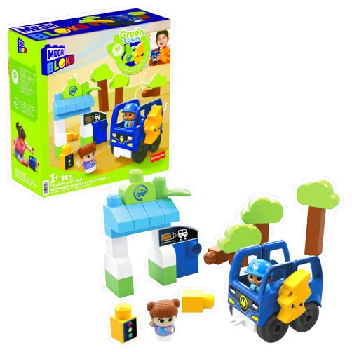 MEGA BLOKS Fisher-Price Toddler Building Blocks, Green Town Charge & Go Bus with 34 Pieces, 2 Figures, Kids Age 1+ Years