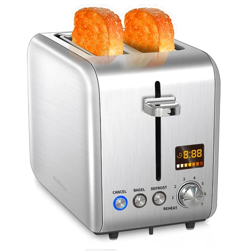 SEEDEEM Toaster 2 Slice, Stainless Steel Bread Toaster Color LCD Display, 7 Bread Shade Settings, 1.4'' Wide Slots Toaster Bagel/Defrost/Reheat Functions, Removable Crumb Tray, 900W, Silver Metallic