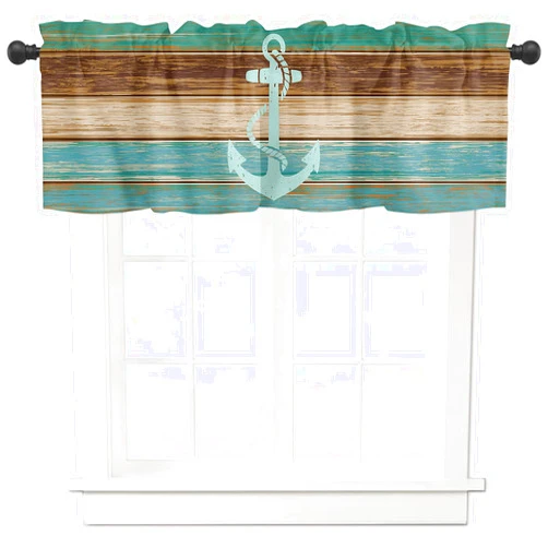 Litter Star Teal Brown Kitchen Valance Curtain,Rustic Wood Board Window Curtain Topper,Retro Nautical Anchor Rod Pocket Curtain Valances for Bedroom,Short Curtains Window Treatment for Living Room 42x12in