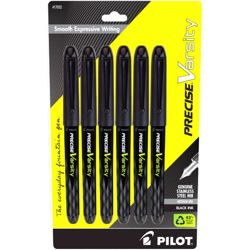 Pilot, Precise Varsity Pre-Filled Fountain Pens, Medium Point 1 mm Stainless Steel Nib, Black, 6-Pack