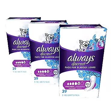 Always Discreet Incontinence Pads for Women, Maximum Absorbency, Long Length,(117 Total Count),39 Count (Pack of 3) (Packaging May Vary) 117 Count