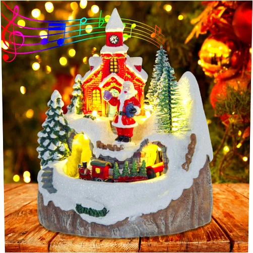 innodept12 Red Christmas Village Church House - Festival Scene Moving Train and Santa Claus with Led Lights, Music for Christmas Decor