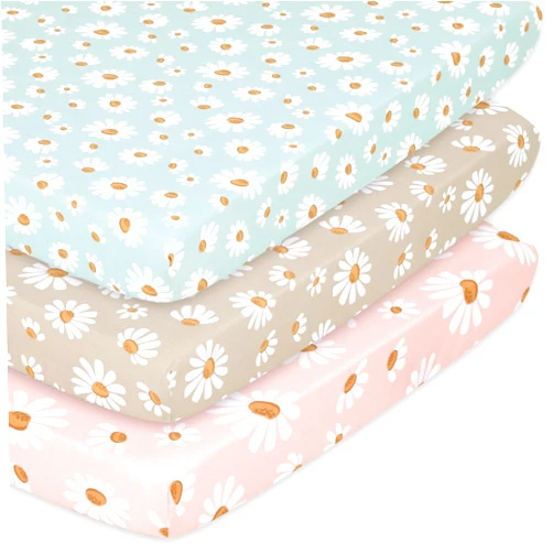 The Peanutshell 3-Pack Fitted Playard Sheets - Soft & Breathable Baby Girl Mini Crib Sheets, Pack N Play Mattress, Fits Standard Playard Pack Play Mattresses - Daisy Dreams