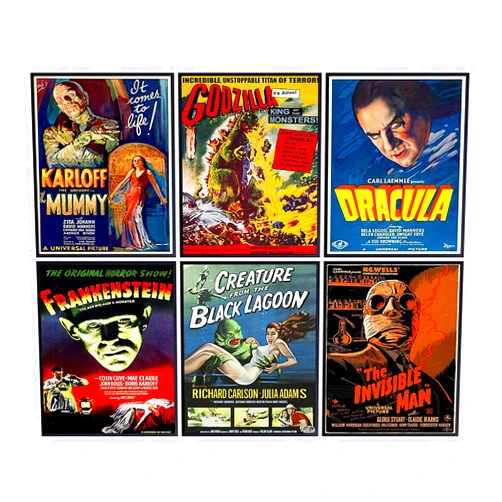 YELLOWBIRD ART & DESIGN Godzilla, Dracula, The invisible Man, The Mummy, Frankenstein Wall Art & Decor - Vintage Horror Monster Movie Posters - Home Theater Set - Classic Scary Movie - Man Cave, Boys Bedroom, Teens Room