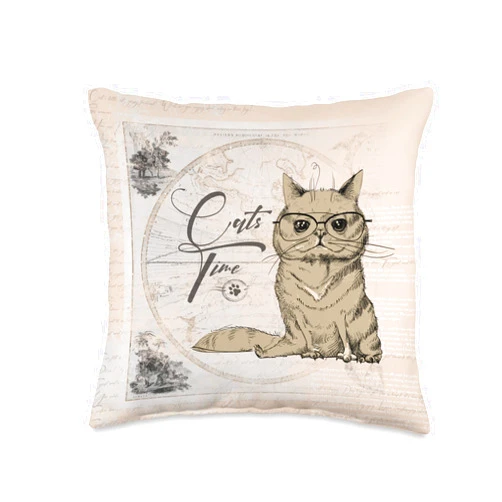 Cats by Fluffabulous Prints Cat Drawing Style, Classic Vintage Look, Beige Ecru Throw Pillow, 16x16, Multicolor