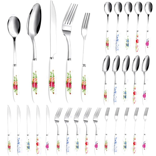 Leriton 30 Pcs Floral Silverware Set for 6, Stainless Steel Flatware with Ceramic Handle Cutlery Set Include Dinner Knives Forks Spoons Dessert Spoons Forks for Tea Party Home Restaurant Kitchen