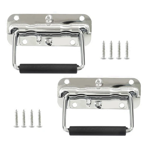 Zorfeter 2 Pack 4.33 Inch Silver Spring Loaded Handle, Heavy Duty Handle Stainless Steel Rubber Grip, Surface Mount Folding Handles for Toolbox Chest Case/Storage Boxes