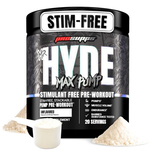 PROSUPPS Mr. Hyde Max Pump Pre Workout Powder - Stim-Free Preworkout Supports Blood Flow, Muscle Volume & Endurance - Caffeine-Free Nitric Oxide Gym & Fitness Supplements (Unflavored, 20 Servings)