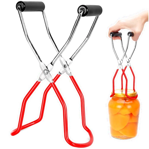 AUGHOA Canning Jar Lifter, Canning Tongs, Mason Jar Lifter, Stainless Steel Canning Supplies, Home Canning Supplies, Jar Tongs with Rubber Grip Handle for Standard and Wide Mouth Size Jars (Red)