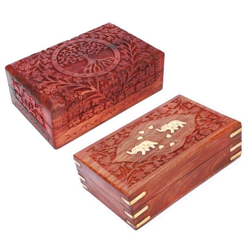 Ajuny Handcrafted Wooden Jewelry Boxes Set of 2 Tree of Life and Elephant Design Solid Multipurpose Keepsake Storage Organizer Treasure Chest Decorative Trinket Holder Gifts 8x5 Inch