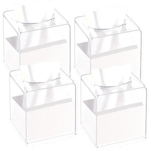 Potchen 4 Pack Acrylic Tissue Box Cover Square Clear Tissue Box Holder Acrylic Cube Napkin Dispenser Box for Bathroom Bedroom Kitchen Car Office Counter and Table Facial Tissue 5.51 x 5.12 x 5.12 Inch