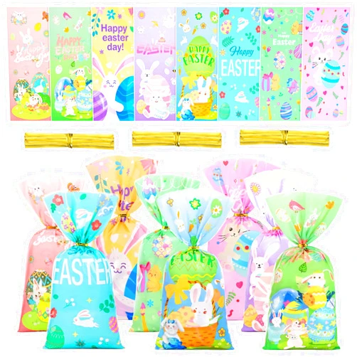 JMANNI 100pcs Bunny Easter Cellophane Gift Treat Party Bags for Easter Candy Sweet Goody Cookie, 8 Style Easter Party Fillers Bags with Twist Ties, Easter Eggs Chick Easter Bags for Kids