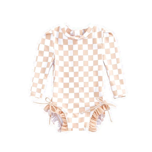 Yccutest Toddler Rash Guard One Piece Swimsuit Baby Girl Long Sleeve Ruffles Swimwear Zipper Bathing Suit Checkerboard Outfit