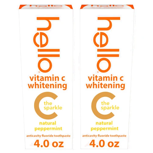 hello Vitamin C Whitening Toothpaste with Fluoride, Whitening SLS Free Toothpaste Pack, Up to 2 Shades Whiter Teeth, No Peroxide, Safe for Everyday Use, Natural Peppermint, 2 Pack, 4.0 Oz Tubes