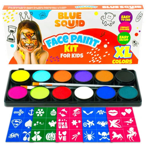 Blue Squid Face Painting Kit for Kids – Complete Face Paint Kit Palette, Stencils, 12 Colors - Safe for Sensitive Skin, Non Toxic Face Painting Kit Professional - Kids Party & Halloween Makeup Kit
