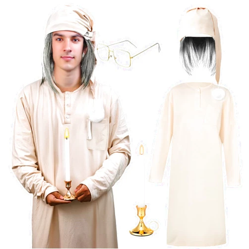 Farrdun 5pcs Halloween Pajama Set Cosplay Men's Nightshirt Adjustable Sleep Cap Old Man Wig Candle Holder Candle