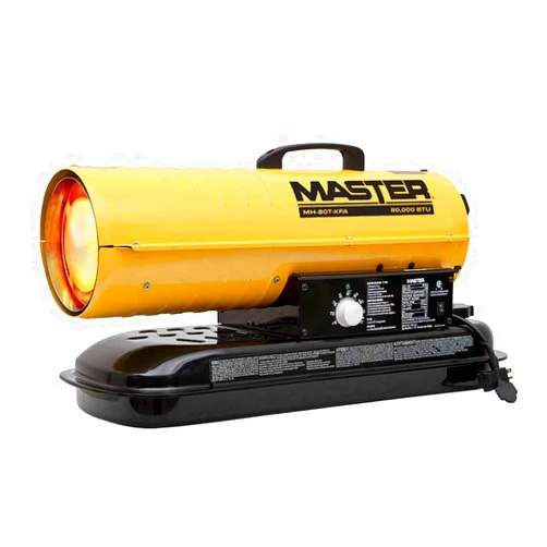 Master MH-80T-KFA 80,000 BTU Kerosene/Diesel Portable Gas Forced Air Heater w/Thermostat - 1/8hp Floor Mount Salamander Heater Fan for Workshop, Garage, Sites – 240CFM - CSA certified - Yellow