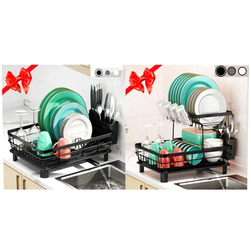 MOUKABAL 2-Tier Kitchen Dish Drying Rack with Removable Utensil Holder, Large Capacity Drying Rack with Drainboard for Kitchen Sink Counter (Black, Metal)