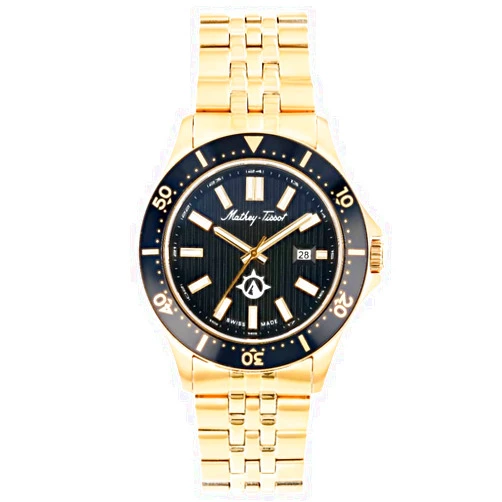 Mathey-Tissot Men's Expedition Swiss Quartz Watch – 42mm Gold-Tone Stainless Steel Case with Rotating Bezel, Black Textured Dial with Date Window, Matching Bracelet