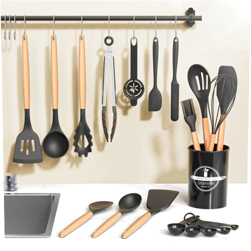Kitsure Kitchen Utensils Set - 30 PCS, Silicone Cooking Utensils Set with Holder, 446℉ Heat-Resistant Silicone Kitchen Utensils Set with Wooden Handle for Non-Stick Cookware, Black