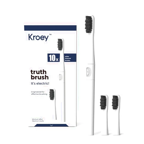 Kroey sonic electric toothbrush powered by battery with 2 brush heads， DuPont activated carbon bristles IPX7 Waterproof for Adults and Kids (White)