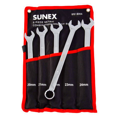 Sunex Tools 9918MA Metric V-Groove Combination Wrench Set, 20mm - 24mm, Fully Polished, 5-Piece (Includes Roll-Case)