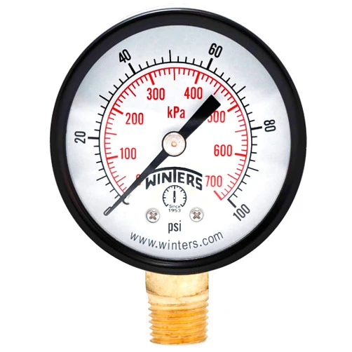 Winters Instruments Winters 2 inch Dial Size, Multi Function Economy Utility Dry Pressure Gauge, Brass Internals, Black Steel Case, Dual Scale 0-100 psi/kPa, 3-2-3% Accuracy, 1/4 inch NPT Bottom Mount, Pressure Gauge