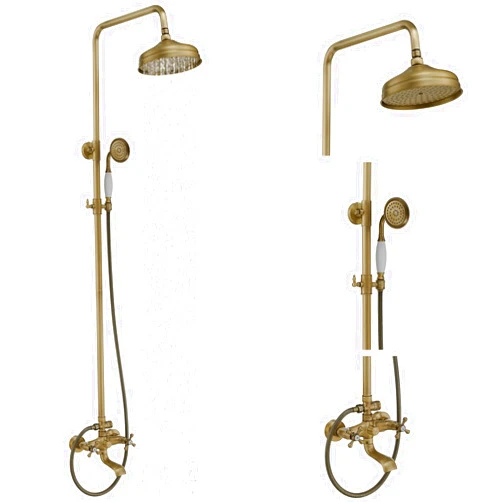 BWE Outdoor Shower Fixtures Antique Brass Bathroom Shower Faucet Triple Functions 8 Inch Rainfall Shower Head,Handheld Spray with Tub Spout Exposed Shower System Double Handle Outdoor Shower Kit