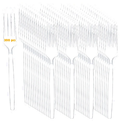 KAYKZ 300 Count Extra Heavy Duty Clear Plastic Forks Disposable, BPA-Free, Heat Resistant, Solid and Durable Disposable Forks Bulk, Premium Forks for Party Supplies