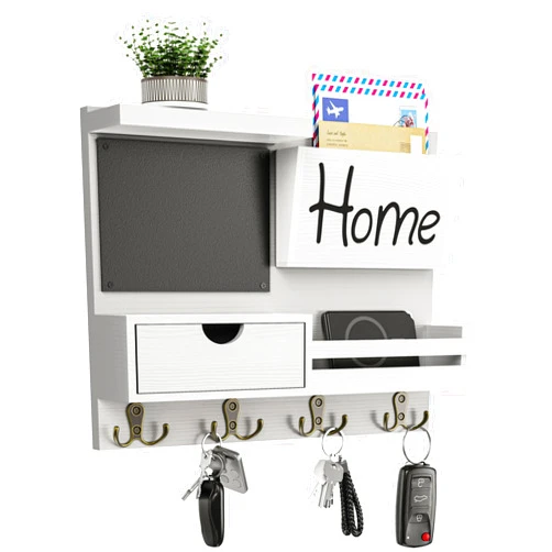 Dvobez Farmhouse Key Holder for Wall with Mail Organizer - Easy Installation Wall Mount Organizer, includes Chalkboard, Drawer, Wallet Holder & 4 Double Hooks, Ideal for Entryway, Quick Access - White