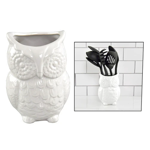 Home-X Ceramic Owl Utensil Holder - Kitchen Organizer, Large Utensil Caddy for Counter, Cooking & Spatula Storage Crock, Farmhouse Decor, Home & Kitchen Accessory, White