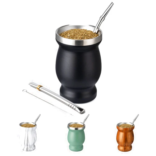Husfunov 8oz Yerba Mate Cup, 304 Stainless Steel Double-Wall Mate Cup, Heat Insulation Yerba Mate Gourd, Tea Cup Set Includes Cleaning Brush & 2 Bombillas (Black)