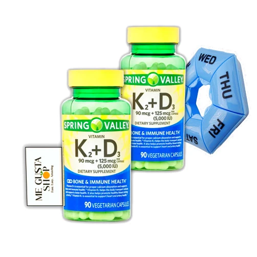 ME GUSTA SHOP Spring Valley Vitamin K2 90mcg D3 125mcg 90 Count Vegetarian Capsule, 180 Total Pack of 2 Includes Pills Organizer + Me Gustas Sticker