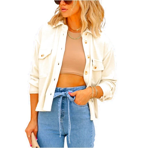 Mannjin Women Casual Cropped Jacket Corduroy Shacket Button Down Shirt Long Sleeve Shacket Jackets Coats