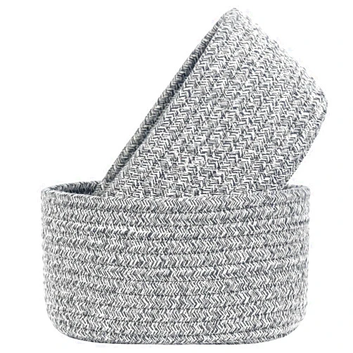ABenkle 【2 Pack】 Small Woven Baskets, Tiny Oval Shallow Storage Baskets, Mini Cotton Rope Empty Decorative Basket, Boho Little Organizer Bins for Bathroom, Cat Dog Toy Gifts Baskets