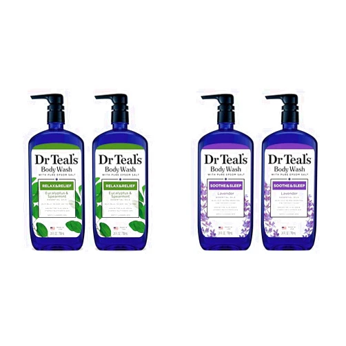 Dr Teal's Body Wash Bundle with Pure Epsom Salt, Relax & Relief with Eucalyptus & Spearmint 24 fl oz (Pack of 2) and Soothe & Sleep with Lavender 24 fl oz (Pack of 2)