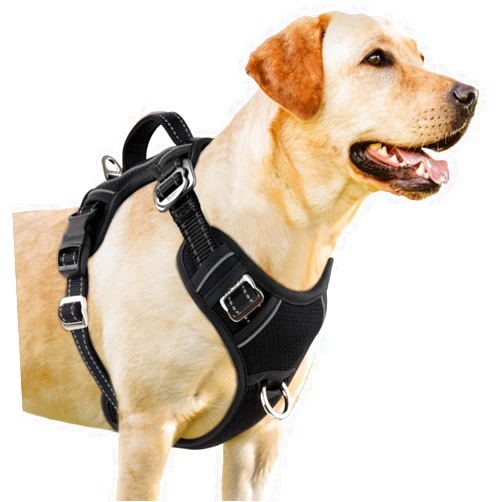 BARKBAY No Pull Dog Harness 3 Buckles Large Reflective Dog Harness with Front Clip and Easy Control Handle for Walking Training Running with ID tag Pocket(Black,L)