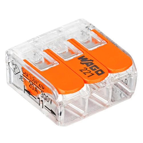 WAGO 221-413/VE00-2500 221 Series 3 Conductor AWG 24 – 12 Transparent Body Connector w/Levers - 50 item(s)