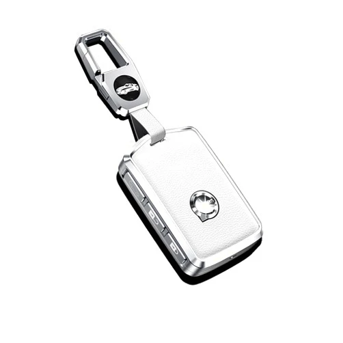 HIBEYO Alloy Leather Texture Car Key Fob Cover with Keychain fits for Volvo XC90 XC60 XC40 S60 S90 V60 Polestar 1 T5 Car Key Case Cover Jacket Smart Remote Car Key Holder Key Shell 3 Button White