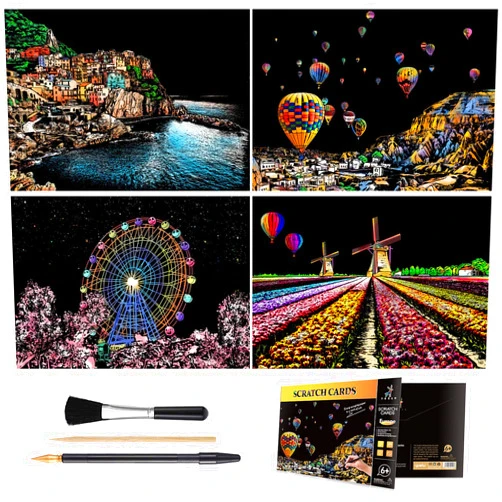 M MUGIT Rainbow Scratch Art Painting Paper (A4) for Adults & Kids, DIY Night View Scratchboard Set: 4 Sheets Scratch Cards & Clean Brush, Drawing Pen(Cinque Terre / Windmill / Ferris Wheel / Hot Air Balloon)