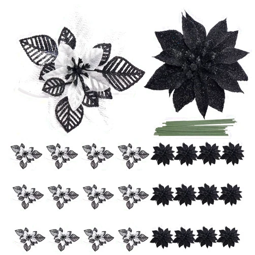 LEHIYIJIA 24Pcs Poinsettia Christmas Flowers Decorations with Stems, 2 Styles Glitter Artificial Christmas Tree Ornaments, for Xmas Tree Wreath Garland Holiday Decor, Black