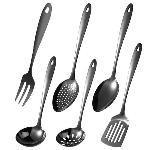 Didaey 6 Pcs Black Stainless Steel Cooking Utensils Set Heat Resistant Kitchen Utensils Set Includes Slotted Spoon, Slotted Spatula, Ladles, Meat Forks, Pasta Fork, Basting Spoon, Metal Kitchen Tool Small Novel