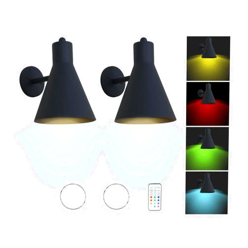 HEQIQEH Modern Battery Operated Wall Sconces Set of 2 with Flared Funnel Metal Shade, 13 RGB Remote Control LED Dimmable Adjustable Wall Mounted Lamps for Galleries, Doorway, Bedroom, Lounge (Black)