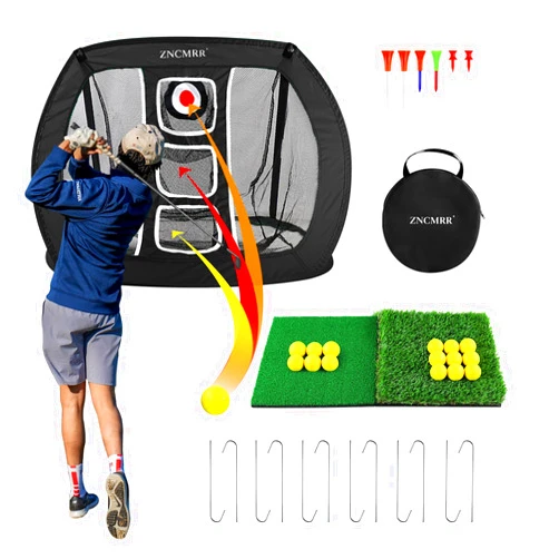 ZNCMRR Pop Up Golf Chipping Net, Indoor/Outdoor Golfing Target Net Collapsible Portable Golf Hitting Net with 15 Training Balls and 2 Hitting Mats for Backyard Driving and Swing
